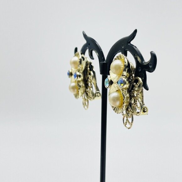 Filigree Faux Pearl Earrings Clip On Aurora Borealis Beads Gold Tone Glam Bling - Picture 6 of 10